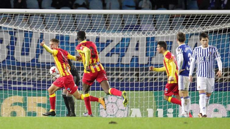 El Lleida celebra el 2-3 con el que eliminó a la Real Sociedad